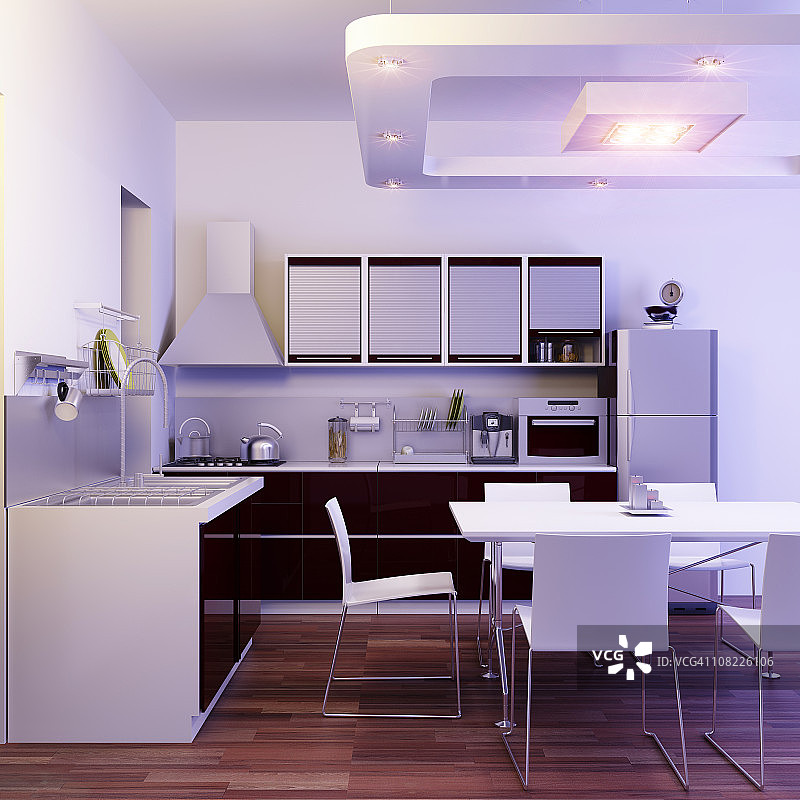 带餐厅的现代厨房内饰（CGI渲染）图片素材