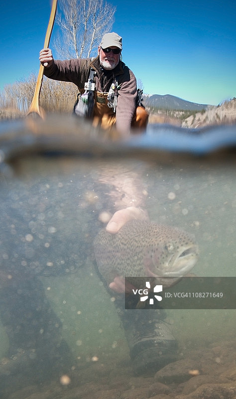 男人钓鱼和放生图片素材
