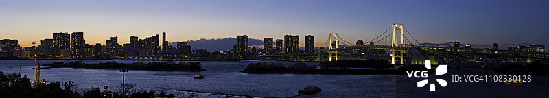 东京湾彩虹大桥与台场市中心摩天大楼日落全景图片素材