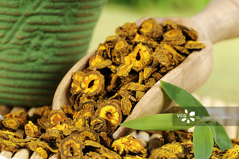 中国黄连，木勺中的干燥黄连根图片素材