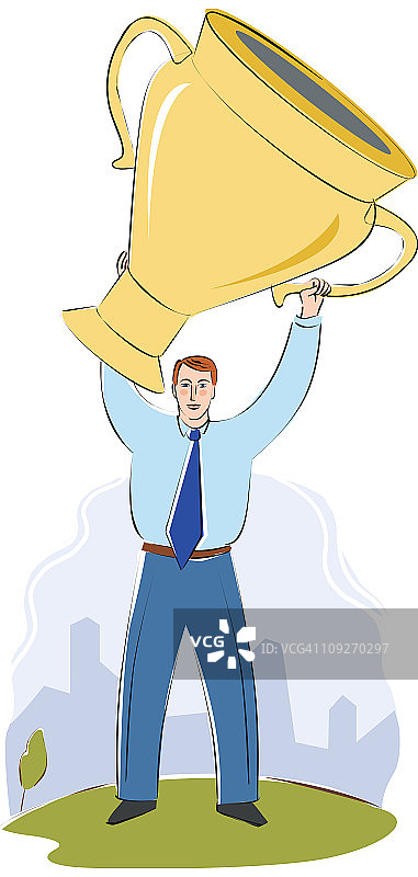 手捧大型奖杯的商人图片素材