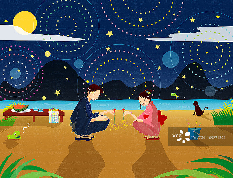 年轻的日本夫妇在星空下野餐插画图片素材