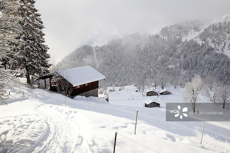 雪山中的小木屋图片素材