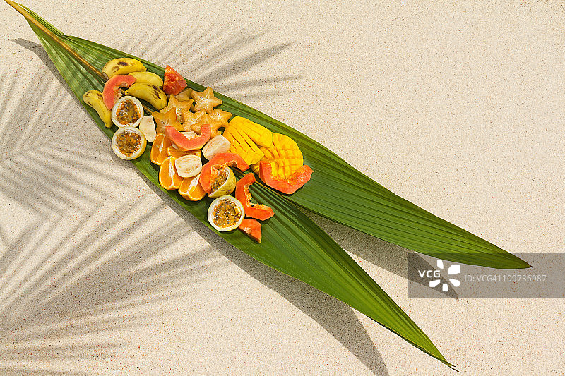 棕榈叶上的热带水果图片素材