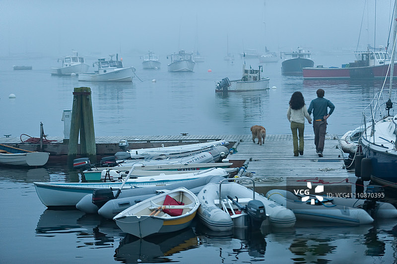 情侣和狗在雾中沿着码头漫步图片素材