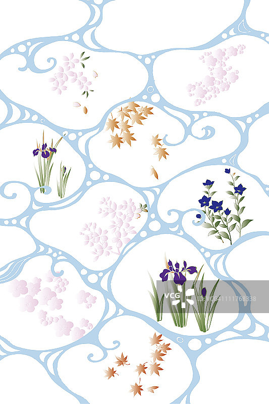 圆形和花卉图案日式绘画（CG）图片素材