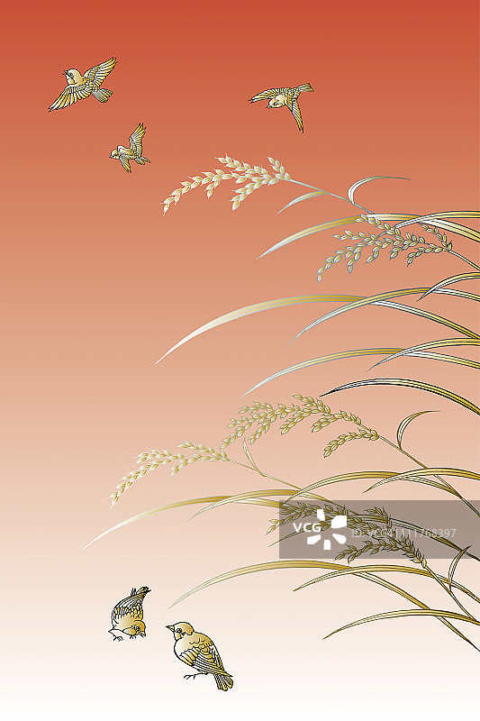 日本画风稻穗飞鸟CG图片素材