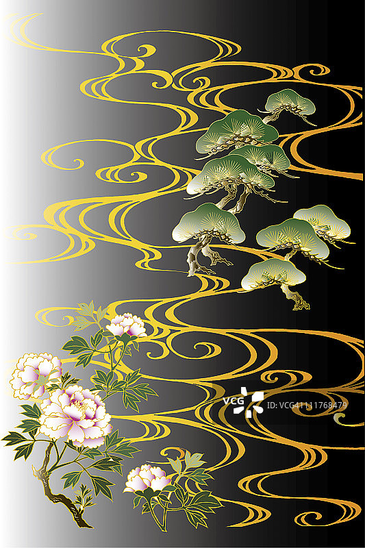 松树牡丹日式绘画CG图片素材