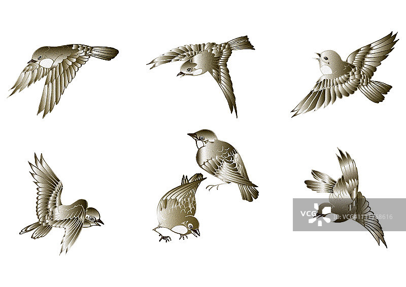 日式绘画图案：树麻雀图片素材