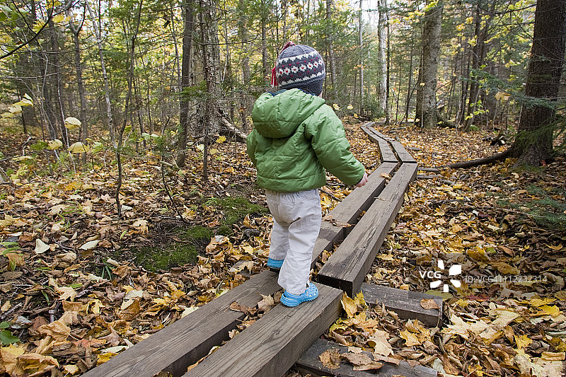 在缅因州格拉夫顿峡州立公园走过徒步桥梁的年轻女孩图片素材