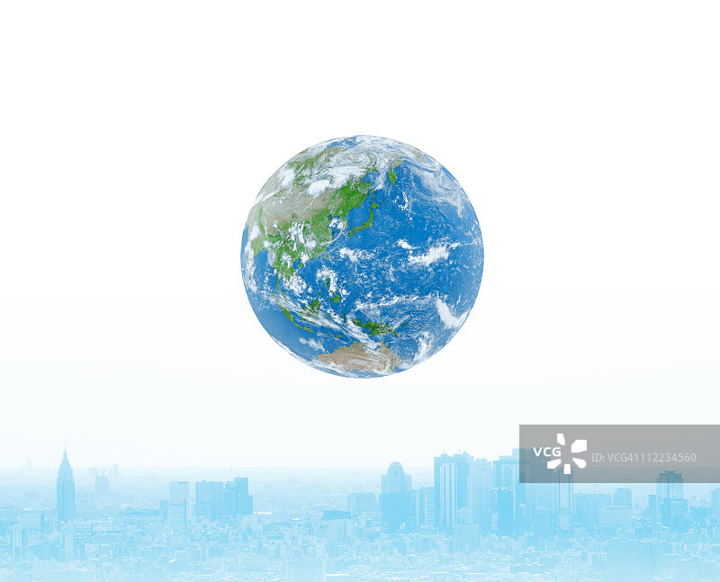 漂浮在城市上空的地球，数字合成增强图片素材