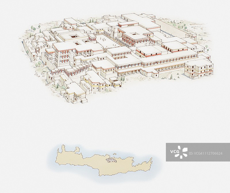 克诺索斯宫殿和克里特岛简图插画图片素材