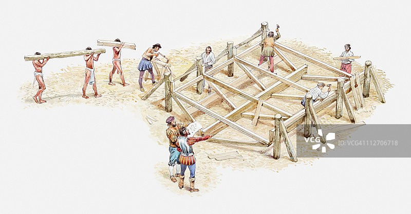 科尔特斯观看工匠建造船体和阿兹特克奴隶搬运木材插画图片素材