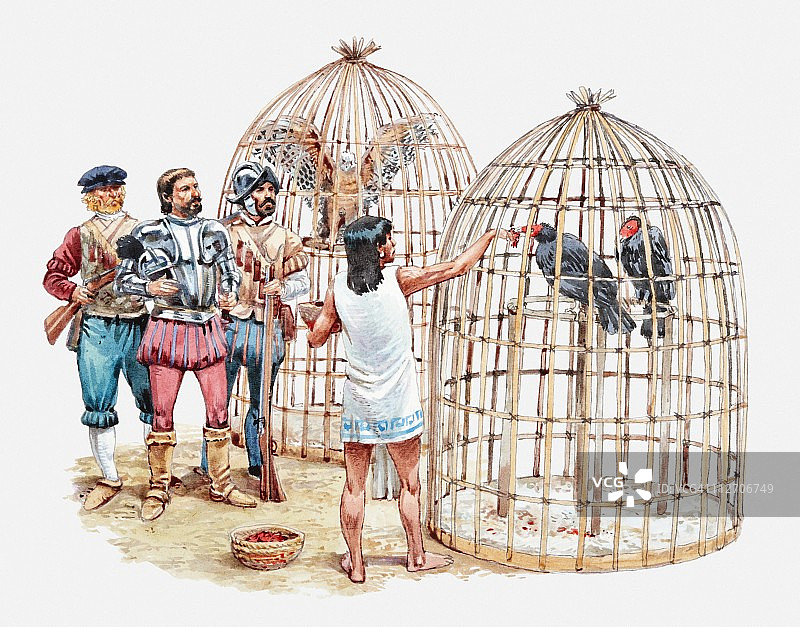 莫特克兹玛鸟舍中奴隶喂养笼中鸟的插画图片素材