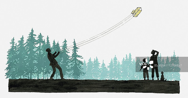 男人放飞双翼飞机风筝的插图图片素材