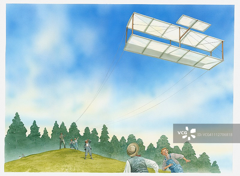 威尔伯·莱特放飞大型双翼风筝插画图片素材