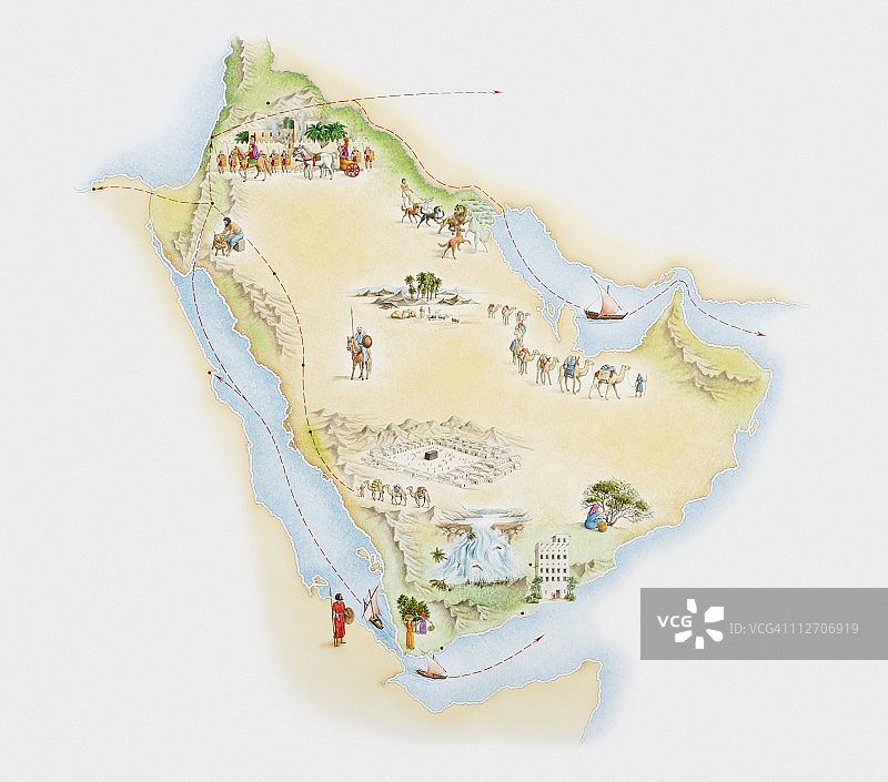 古代阿拉伯贸易路线和朝圣地地图插画图片素材