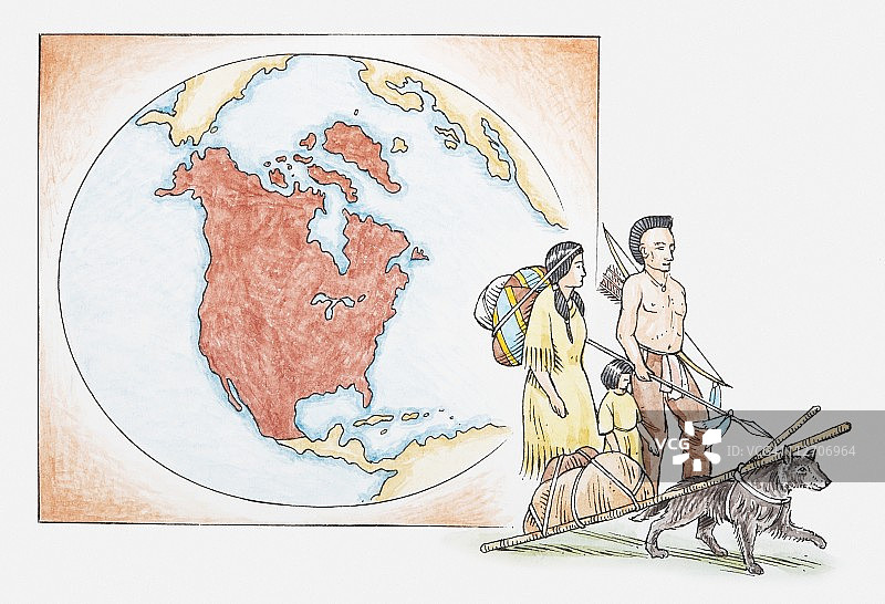 北美地图前的美洲印第安人家庭插图图片素材