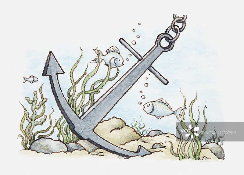 海底锚和附近游动的鱼插画图片素材