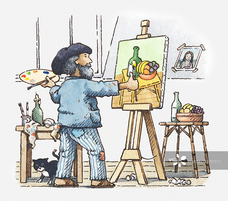 艺术家在工作室绘制静物画插画图片素材
