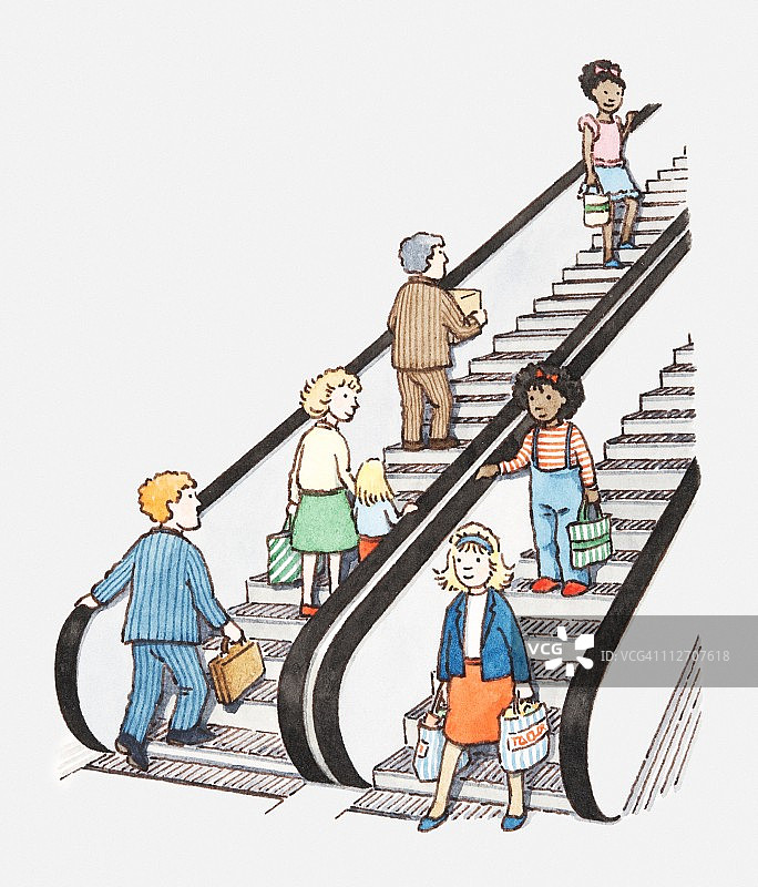 人们在上下扶梯上的插图图片素材