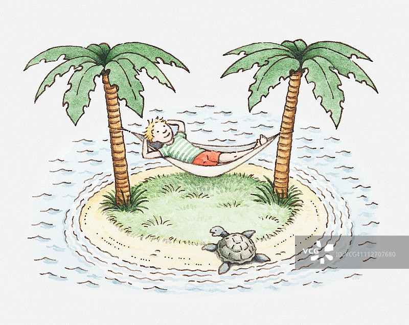 小岛上男孩躺吊床插画图片素材