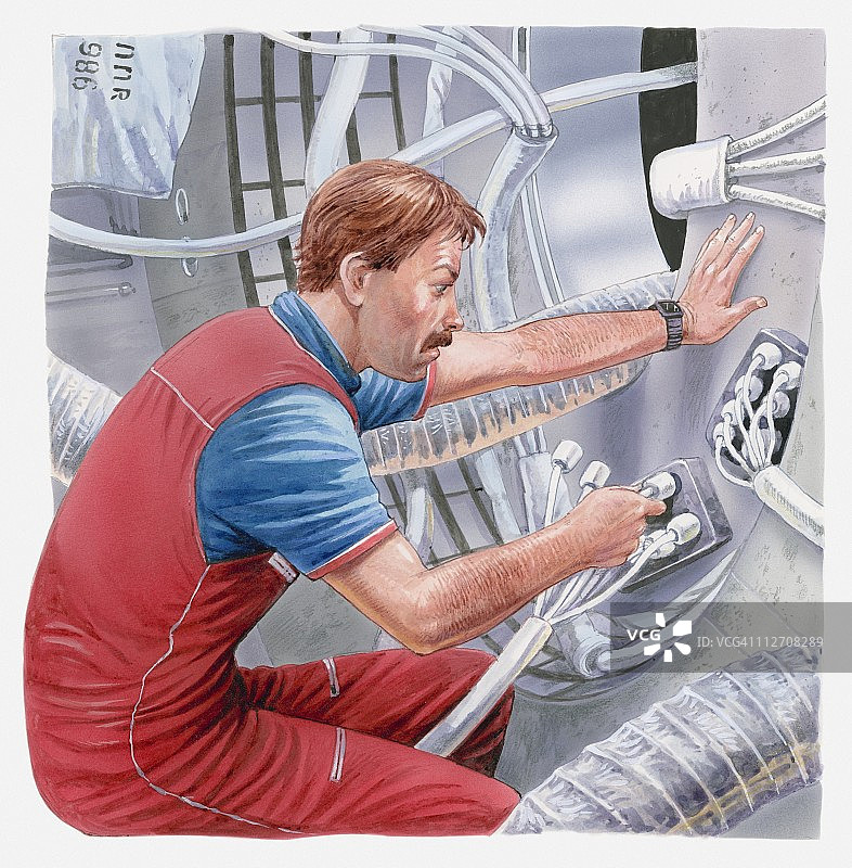 宇航员在和平号空间站修理电缆插画图片素材