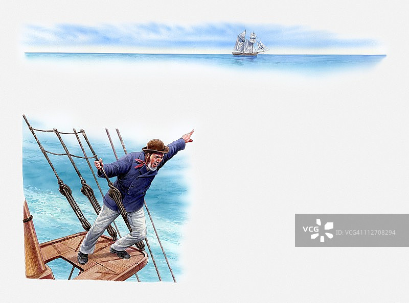 艾伦·奥斯汀号上的水手从瞭望台探出身子，指向远处幽灵船的插画图片素材