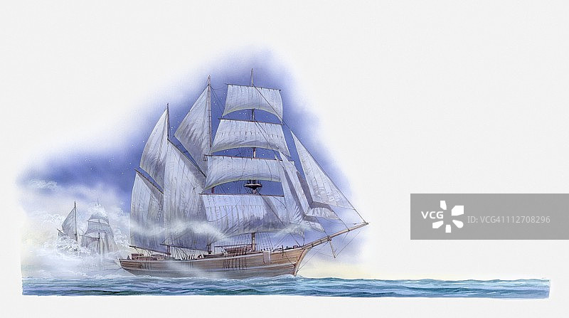 艾伦·奥斯汀号与鬼船在百慕大三角航行插画图片素材