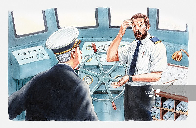 船长与驾驶室舵手交谈插画图片素材