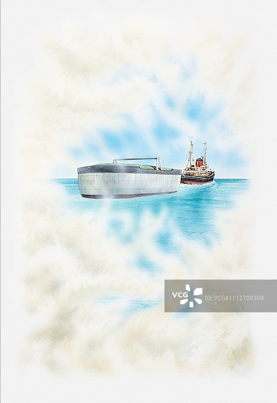 雾海中的货船和拖船插画图片素材