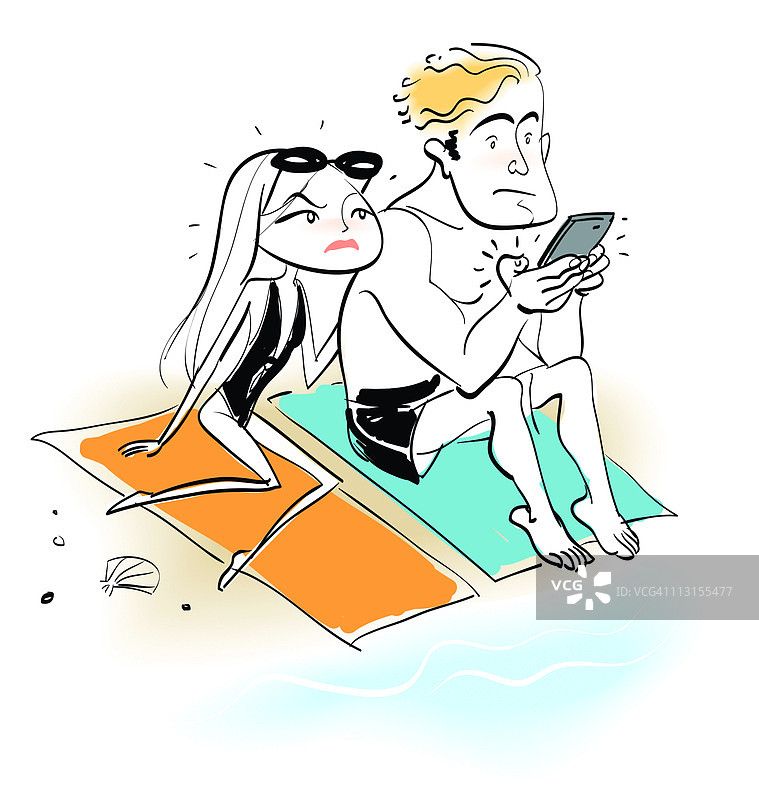 海滩上的男女，男人使用掌上电脑图片素材