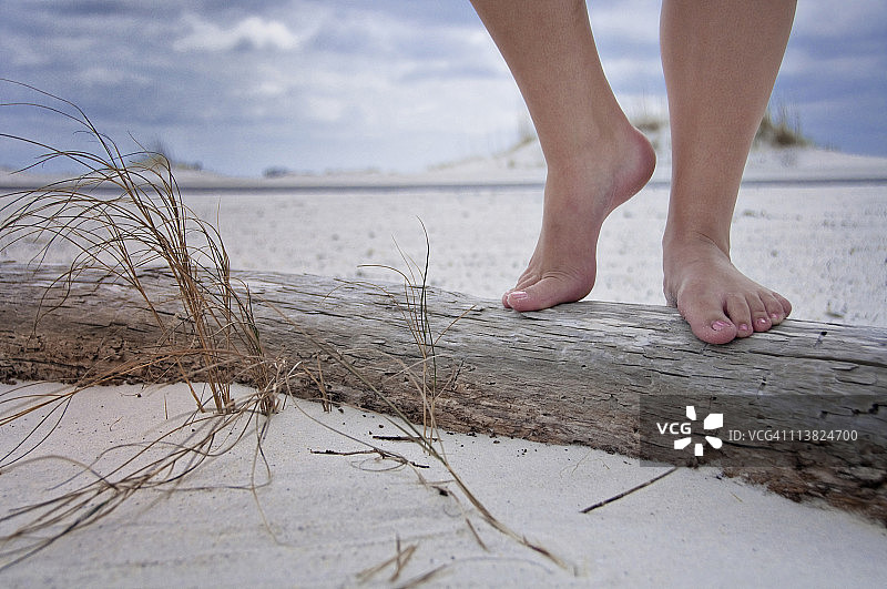 站在漂木上的女孩，佛罗里达彭萨科拉海滩图片素材