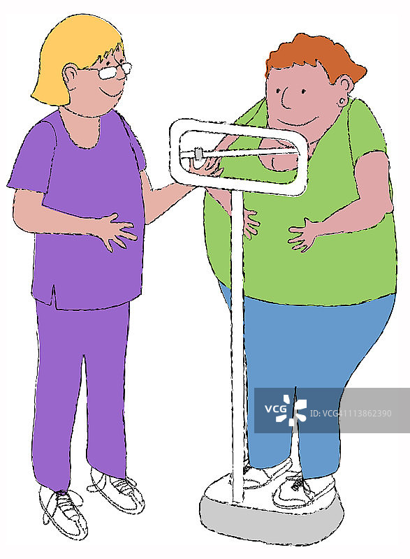 女护士检查女性体重，插图图片素材