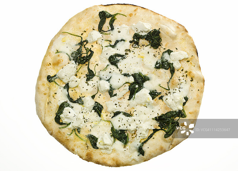 含菠菜和意大利乳清干酪的小白披萨图片素材