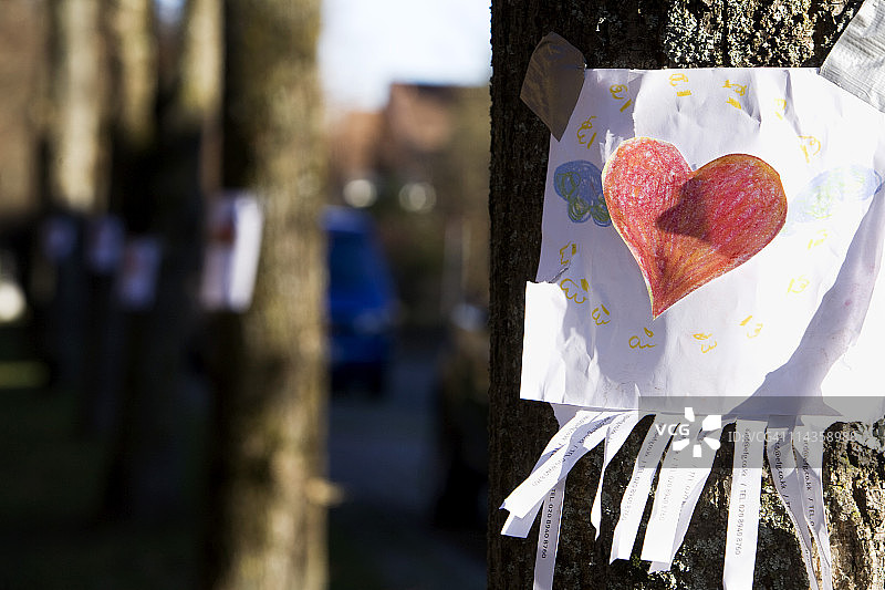 贴在树上的红色爱心便签图片素材