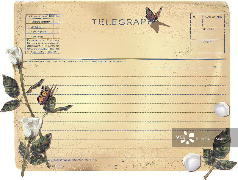 旧电报和白色玫瑰图片素材