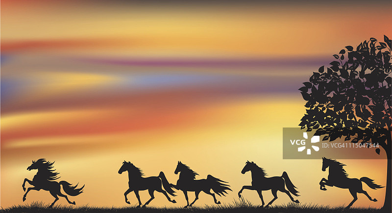 日落时奔跑的骏马图片素材