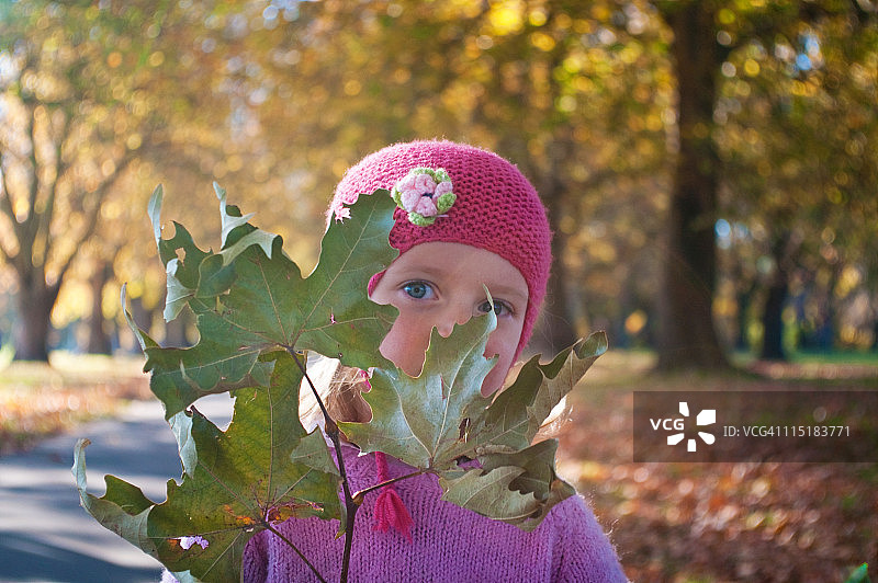 女孩拿着树叶，位于基督城哈格利公园图片素材