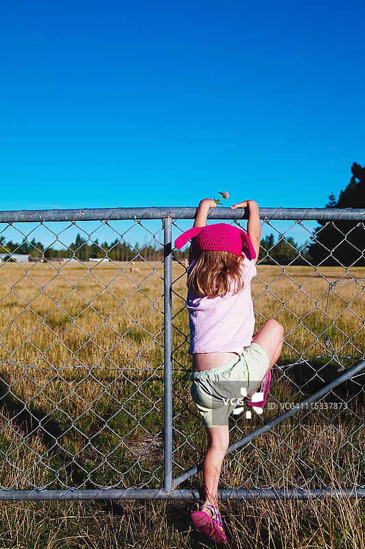 小女孩爬牧场的门图片素材