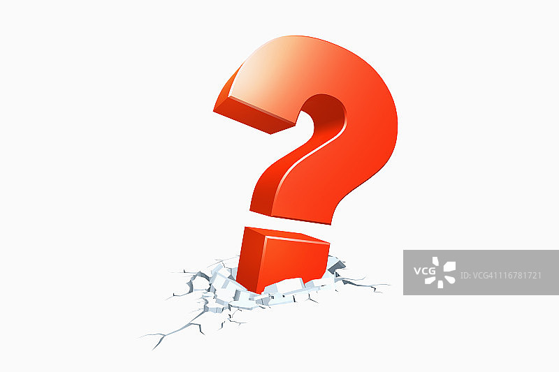 一个掉落的问号，沉入破裂的混凝土中图片素材