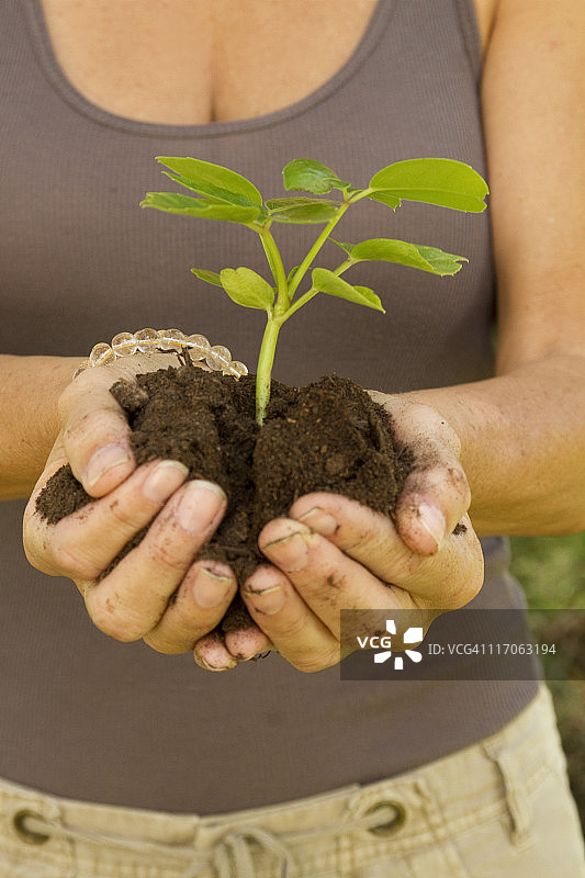 高兴地抱着树苗图片素材