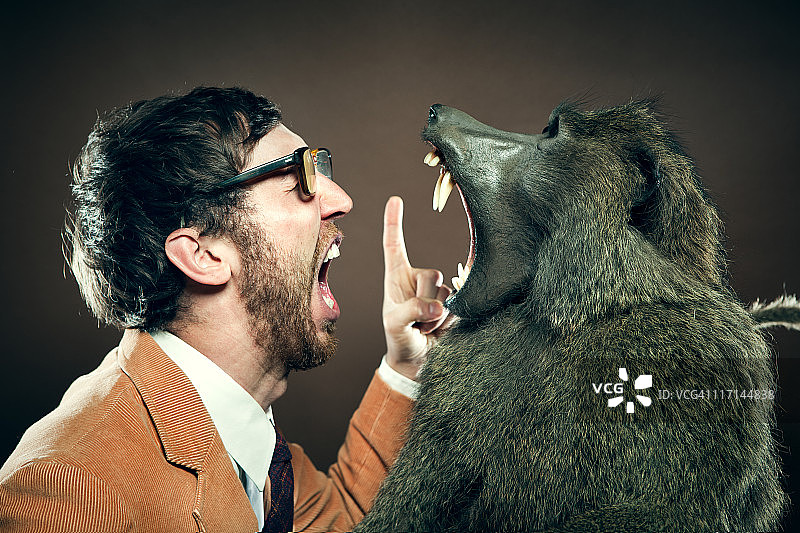 狒狒与男人争吵图片素材