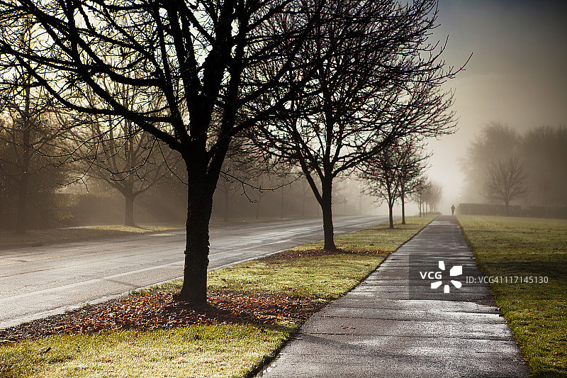 在雾中小路上的跑步者图片素材