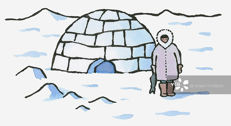 因纽特人站在冰屋外面拿着鱼的插画图片素材
