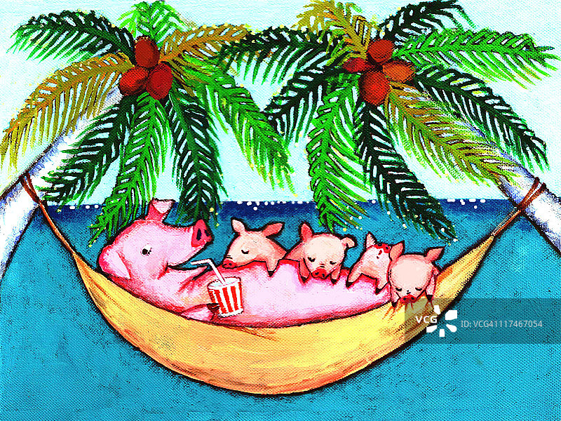 小猪和猪宝宝在吊床上休息插画图片素材