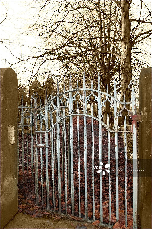 通往墓地的生锈白色铁门图片素材