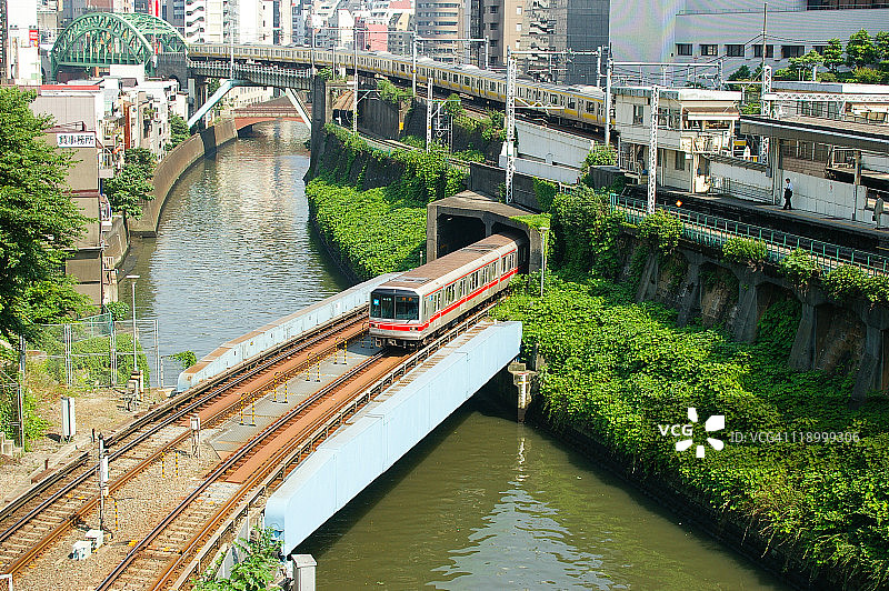 东京山手线列车经过河流图片素材