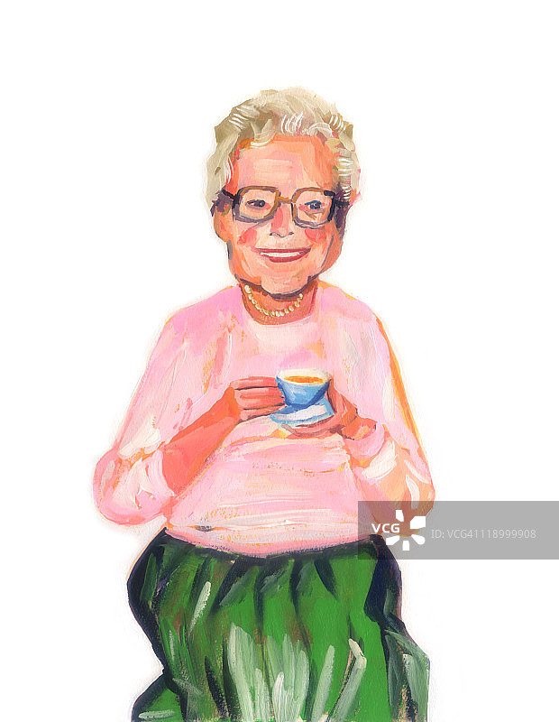 拿着茶杯的粉色奶奶图片素材