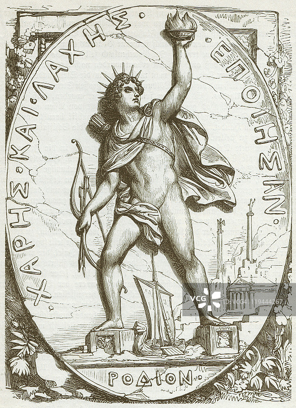 罗德岛太阳神巨像木刻版画，1882年出版图片素材